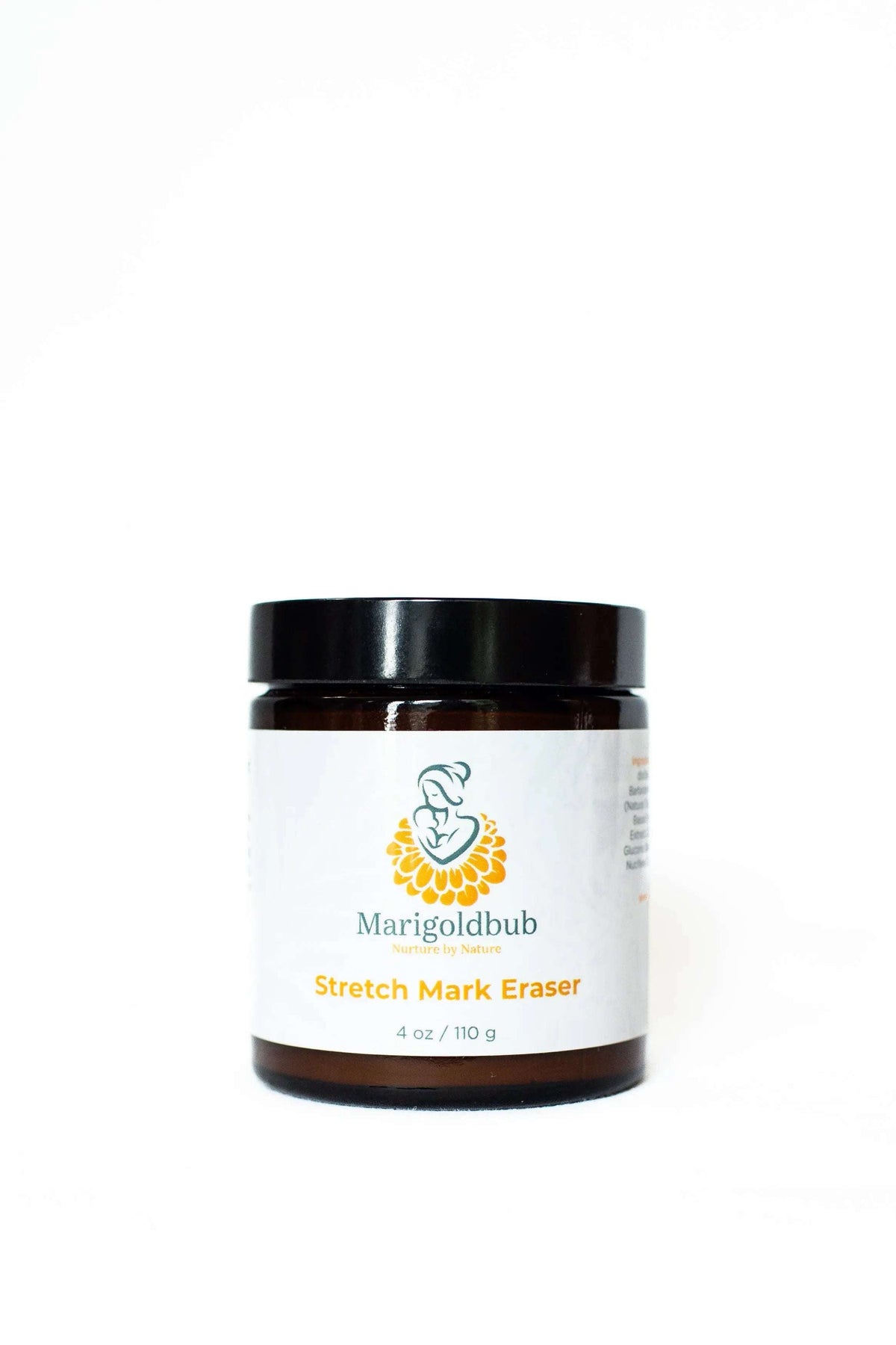 Stretch Mark Eraser in a brown jar with a black lid and white label featuring a teal and yellow floral logo
