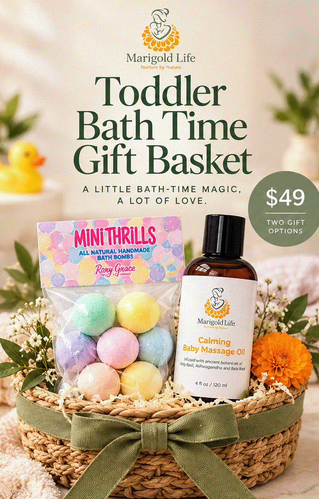 Toddler Holiday Gift Bundle in a woven basket with sage green ribbon, colorful bath bombs, and amber baby oil bottle.