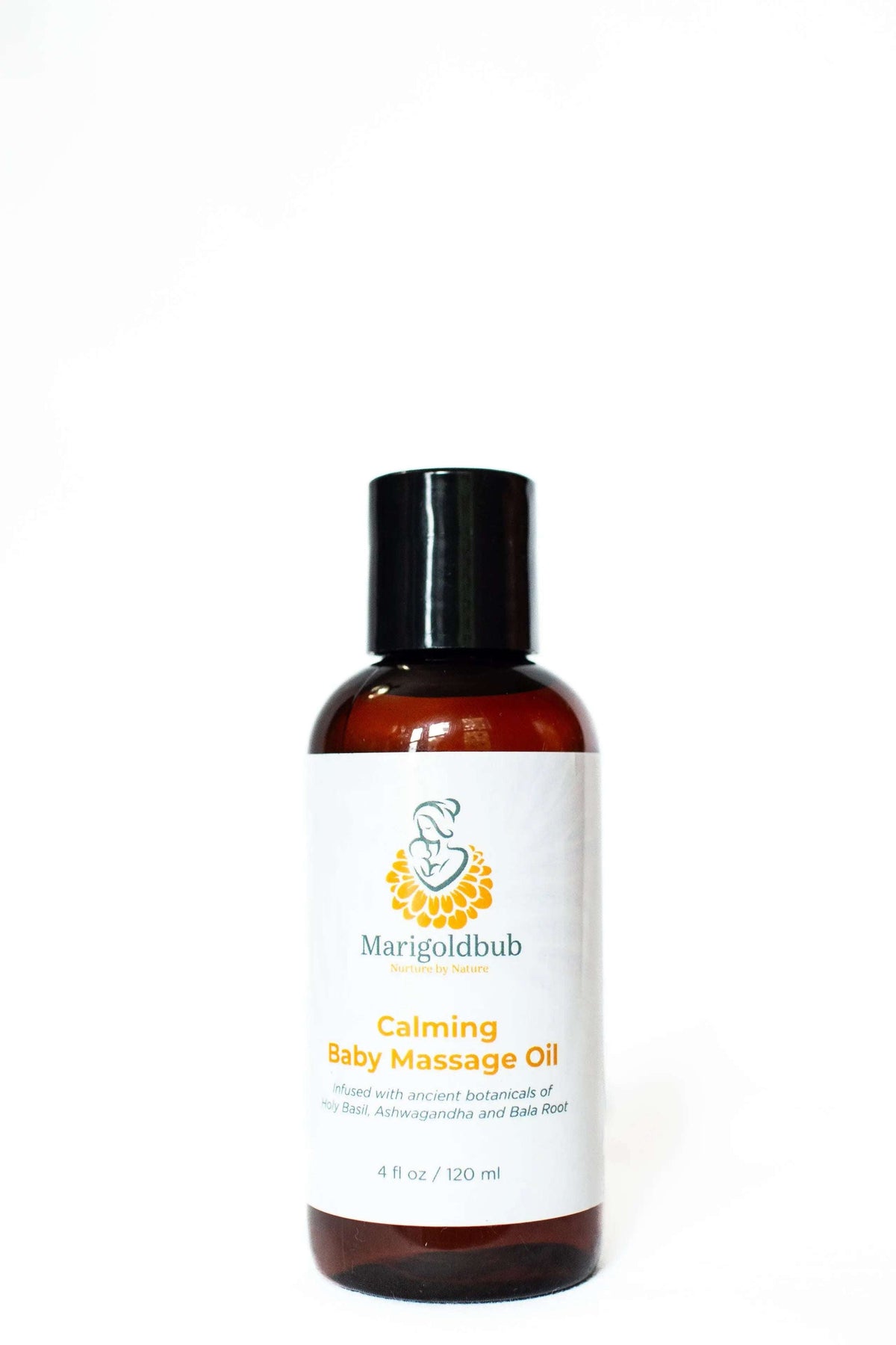 Calming Baby Massage Oil in an amber bottle with a black cap and white label featuring a yellow floral logo