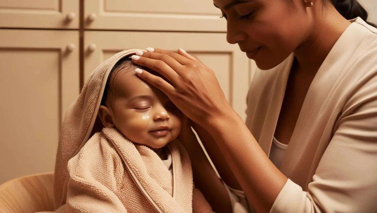Calming Baby Massage Oil shown during a gentle baby massage, with a caregiver touching a baby's forehead
