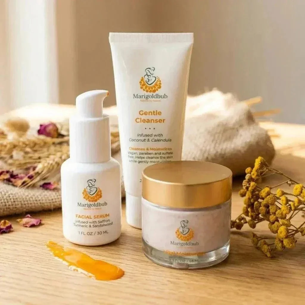 Daily Ritual Starter Bundle showing a white cleanser tube, white pump serum bottle, and clear moisturizer jar with a gold lid