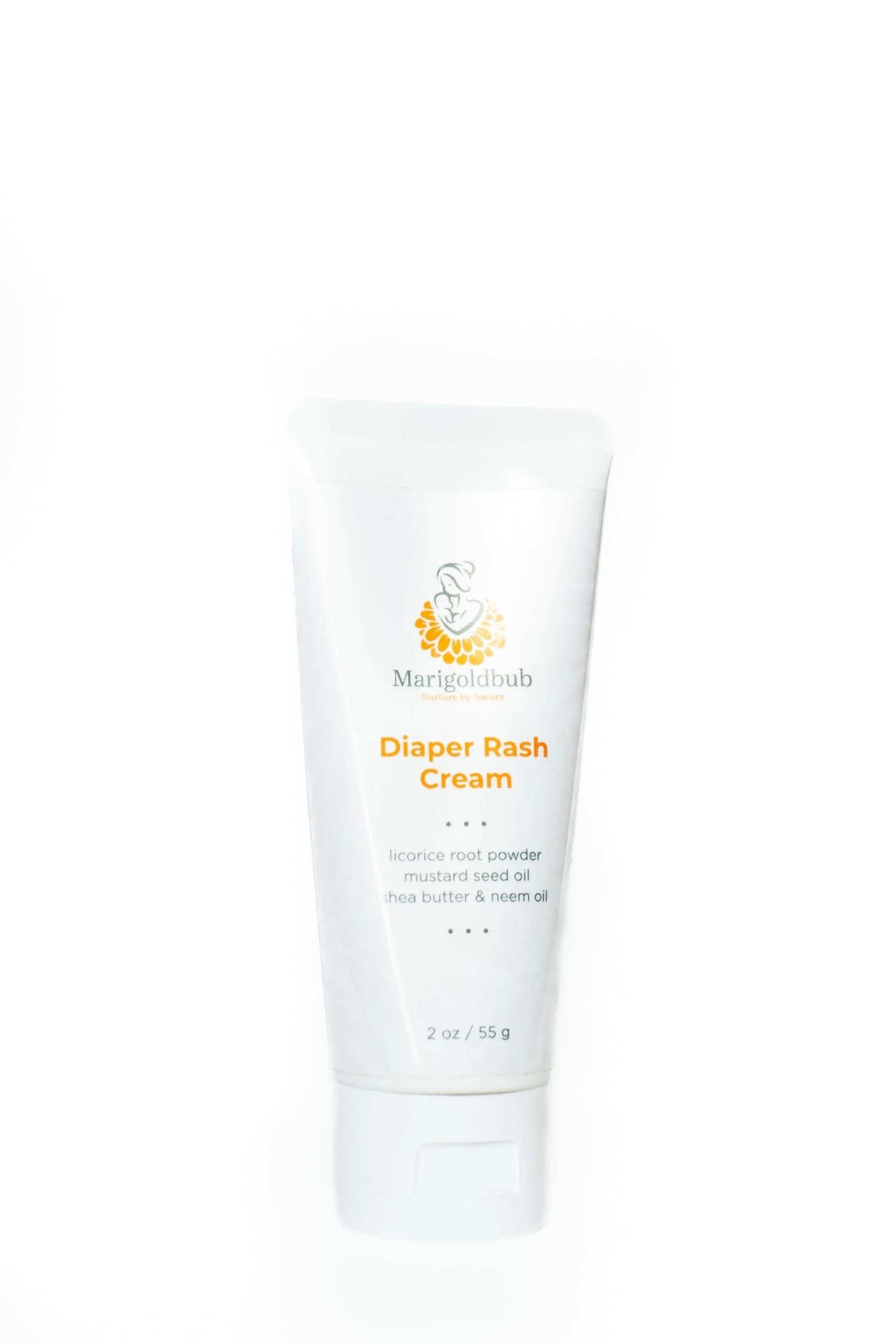 Diaper Rash Cream in a white tube with orange lettering, a small botanical logo, and a flip-top cap
