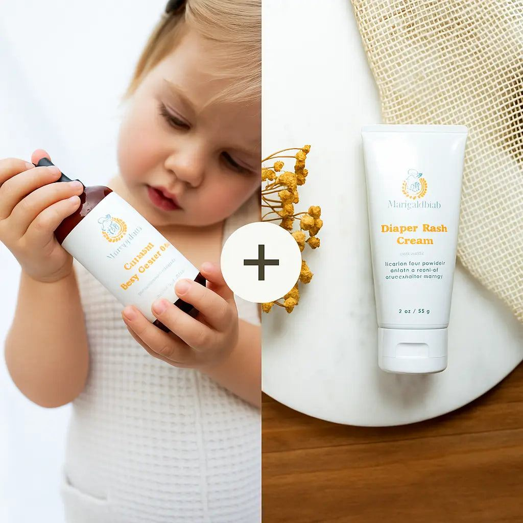 Gentle Beginnings - Baby Bundle with a baby massage oil bottle and white diaper rash cream tube, featuring yellow lettering