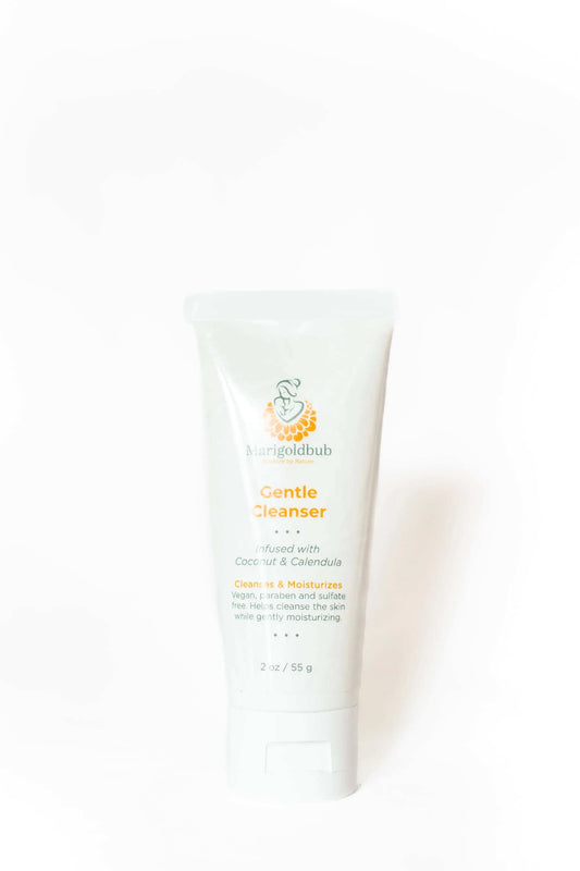 Gentle Cleanser in an off-white squeeze tube with green and orange botanical labeling and a flip-top cap